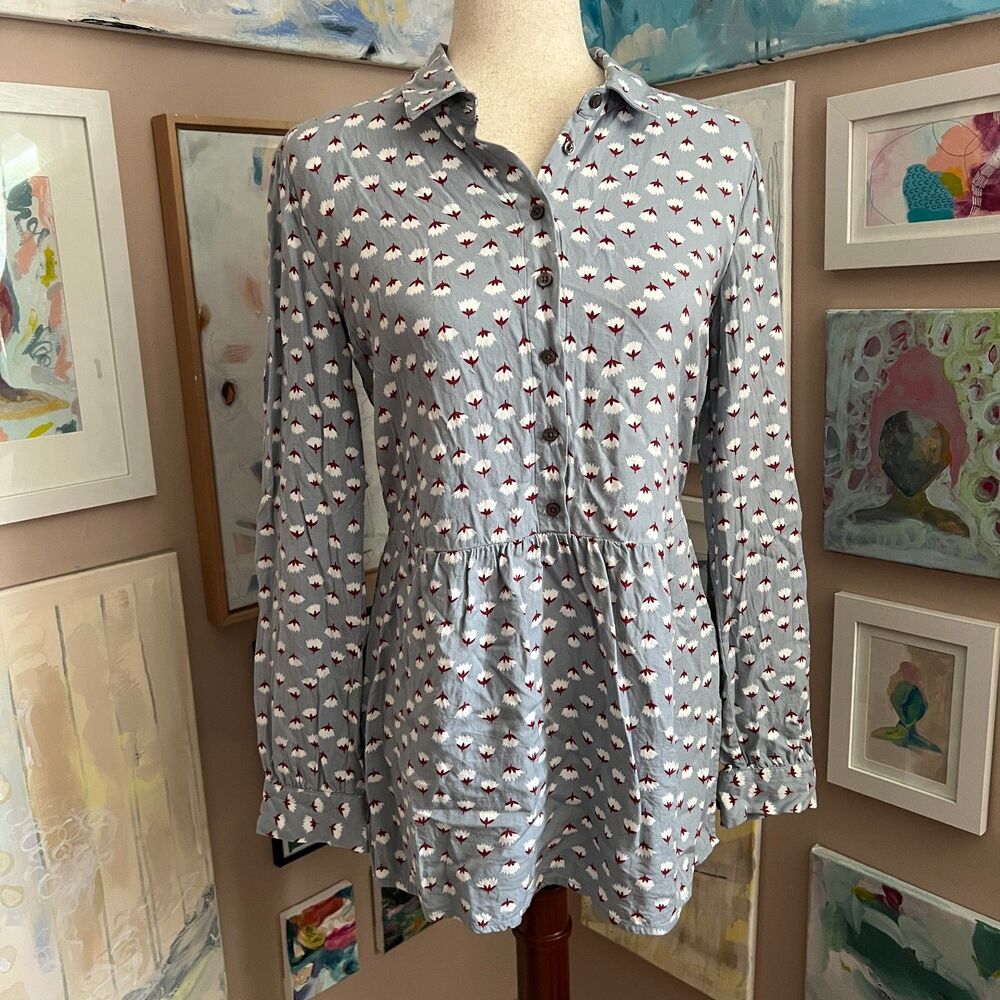 Boden Blue Floral‎ Long Sleeve Peplum Blouse US 4 Cottagecore Romantic Preppy